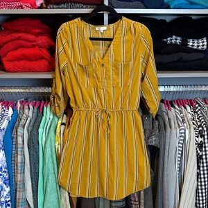 Stella Tweed mustard/black/white striped 3/4 roll tab sleeve dress size M